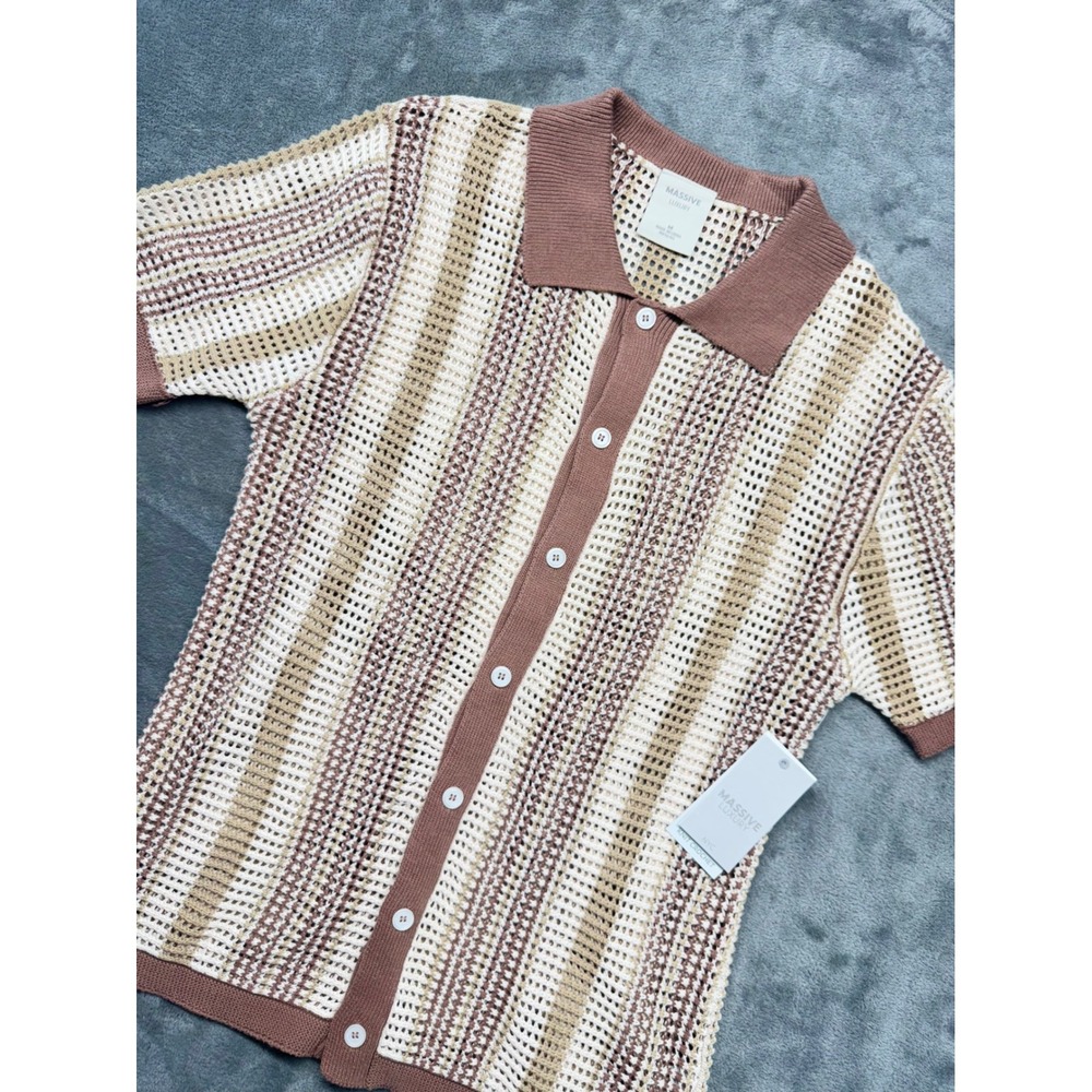Massive Luxury NYC Knit Crochet Striped Button Up Short‎ Sleeve Shirt Size M